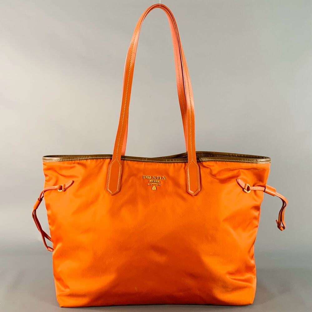 PRADA Orange Gold Saffiano Nylon Leather Trim Tote Handbag